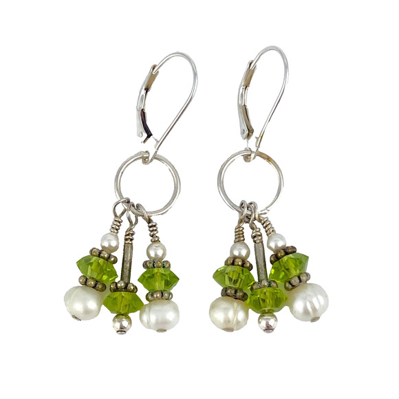 Vintage Estate Sterling Silver 925 Pearl Green Crystal Beaded Dangle Earrings - Picture 1 of 9